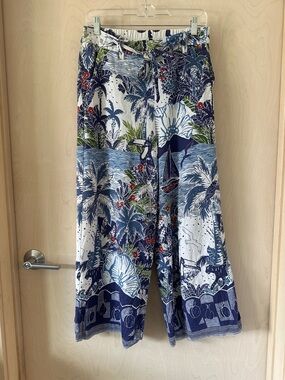 Tropical Print Wide-Leg Linen Pants - Blue & White Sz 6